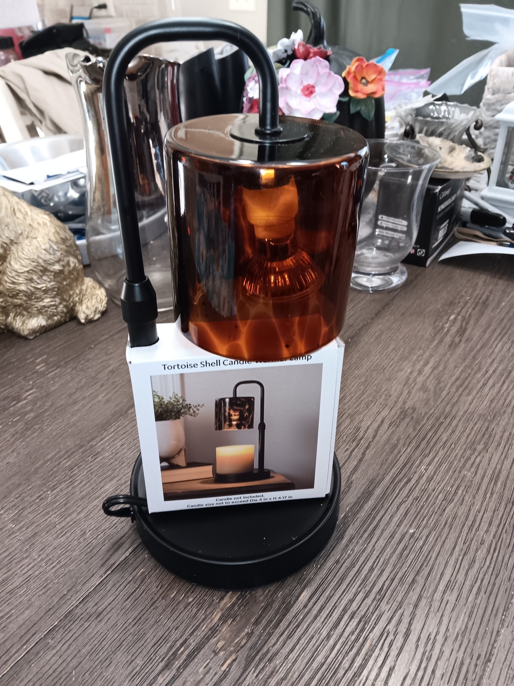 Tortoise Shell Amber Glass Table Candle Warmer Lamp - Amber & Black